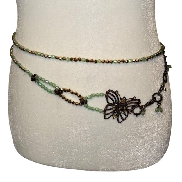 1990s Y2K Beaded Drop Hip Belt Butterfly Accent Boho Mint Green Beads Adjustable - Picture 1 of 7